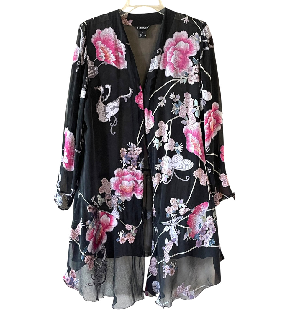 CITRON SANTA MONICA Size Large Black Pink Sheer Silk Blend Kimono-Style Topper